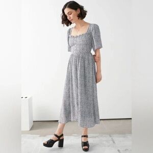 & Other Stories Black White Floral Midi‎ Dress Puff Sleeve Button Front Size 6